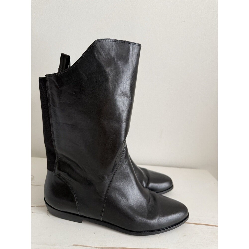 UNISA Women’s Black Leather Mid Calf Boots Size 7.5 B Made in Brazil Pull On